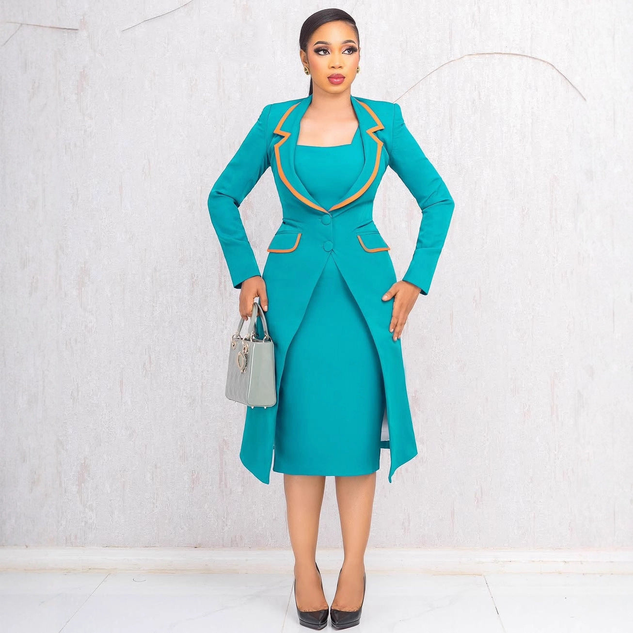 Women Elegant Turndown Collar Stretchy Blazer Dress Two-Piece Set 4