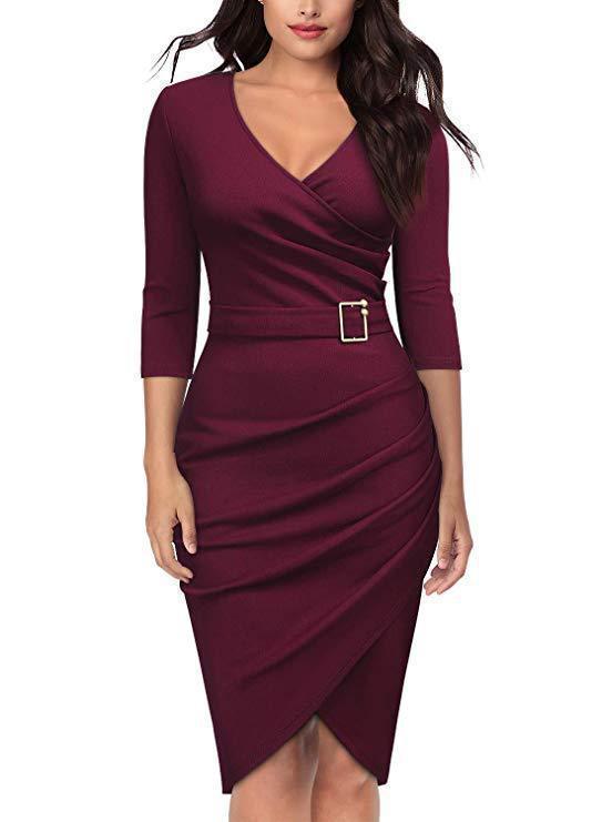 Women three-quarter sleeve v-neck bodycon professional dress 10