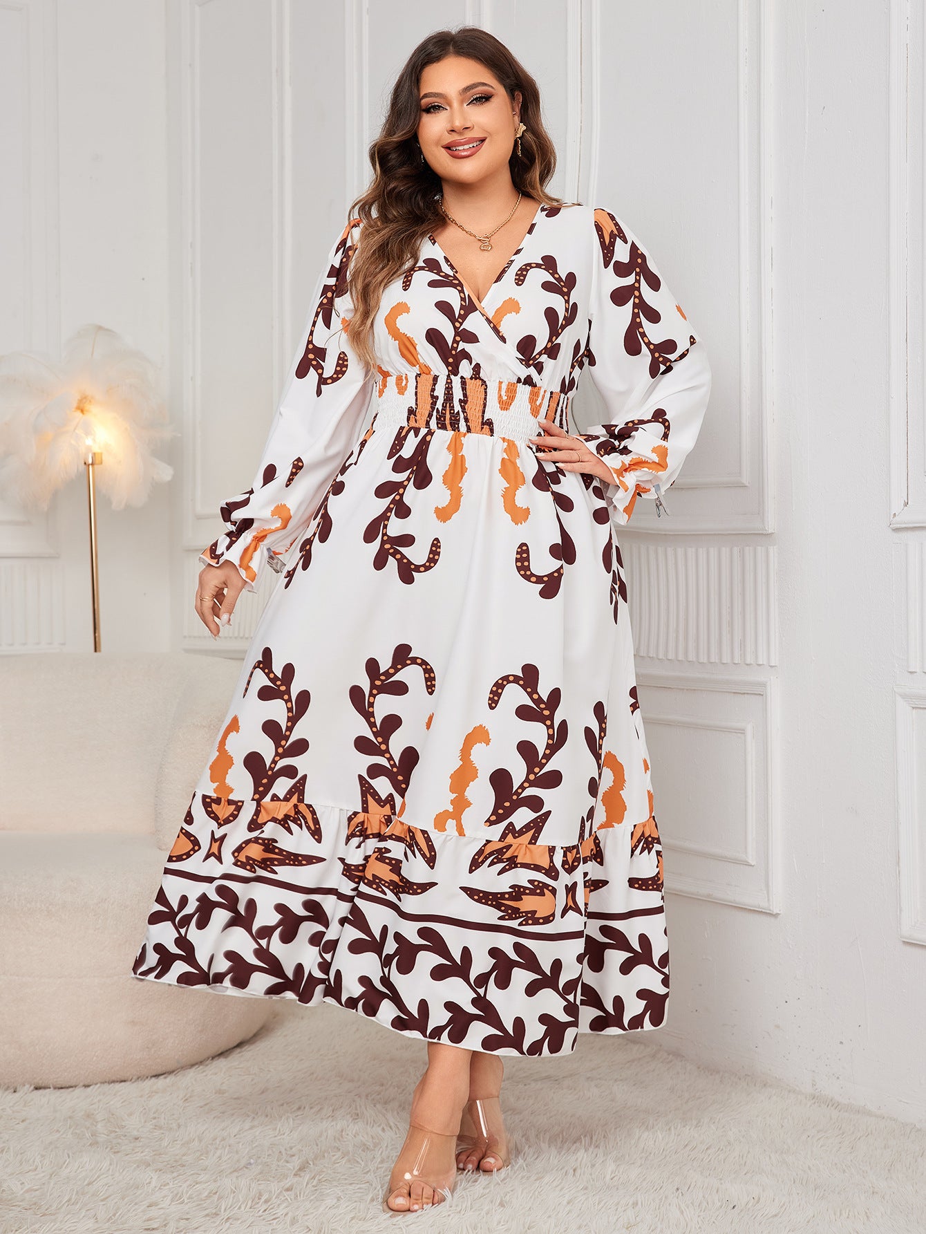 Plus Size Women Printed Long Sleeve V-neck Long Dress 3