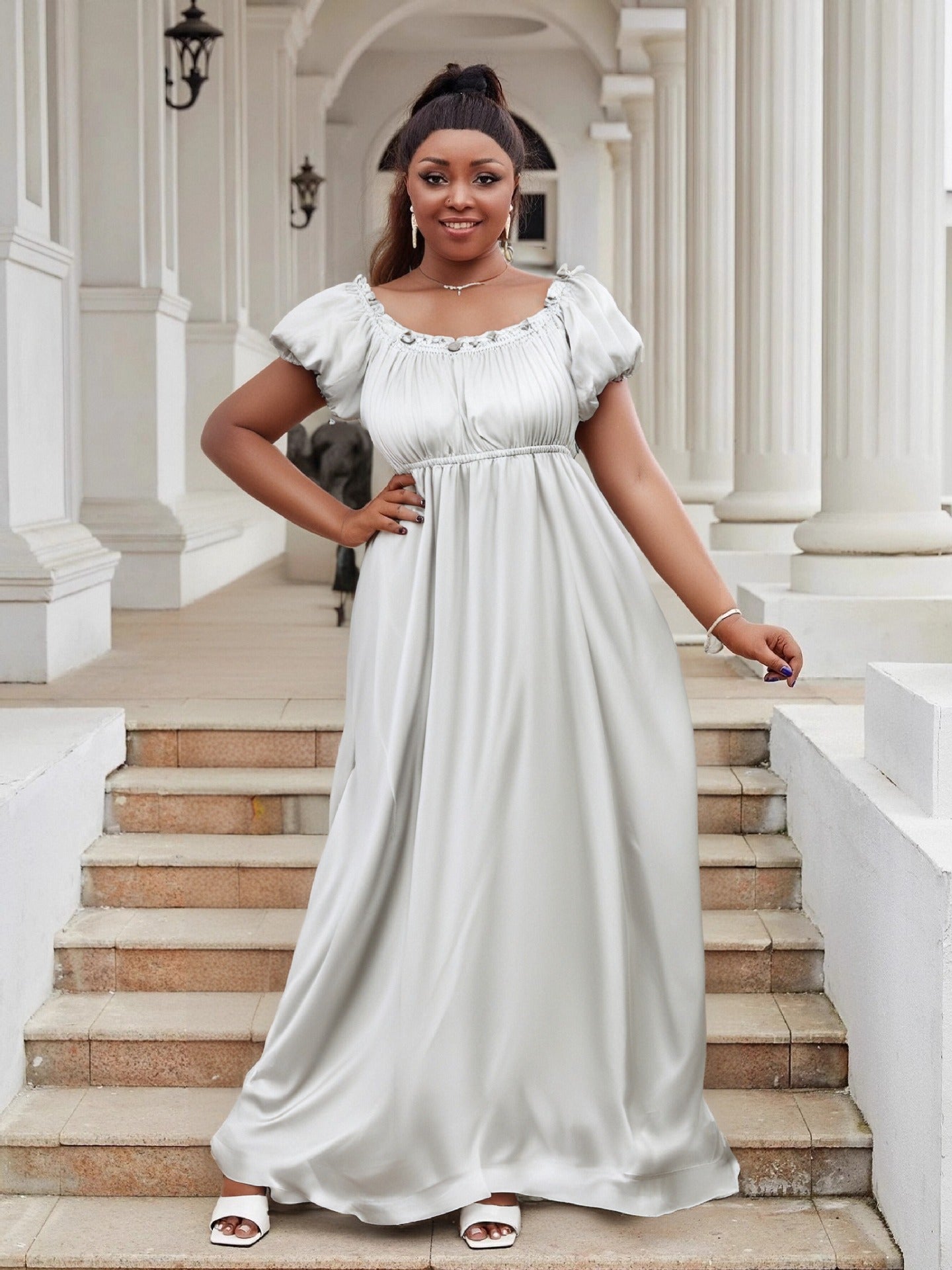 Luxury Off Shoulder Short Sleeve High Waist Maxi Dress Elegant Plus Size Evening Gown