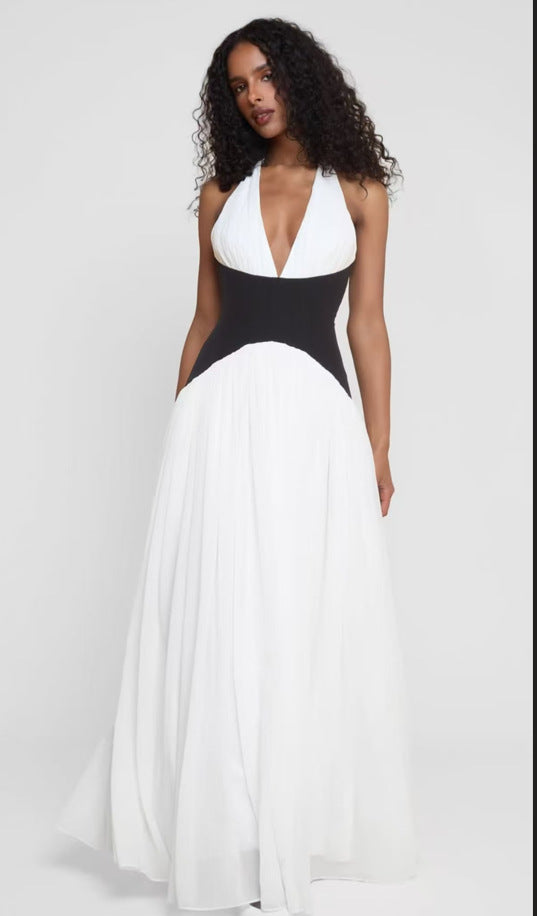 Contrast color sexy Holidays Casual Halter Neck deep v Low Back long dress 3