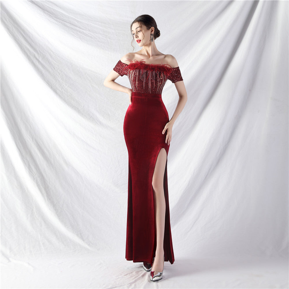 Women ostrich feather velvet Off Shoulder evening dress