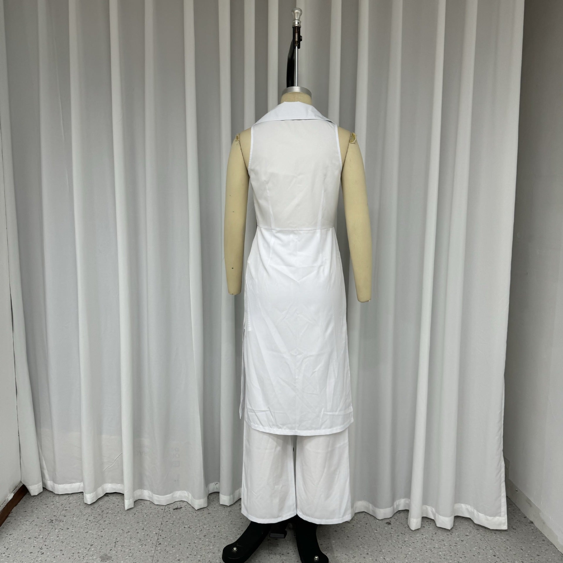 Women Turndown Collar Sleeveless Solid Top and Pant Two-Piece Set 8