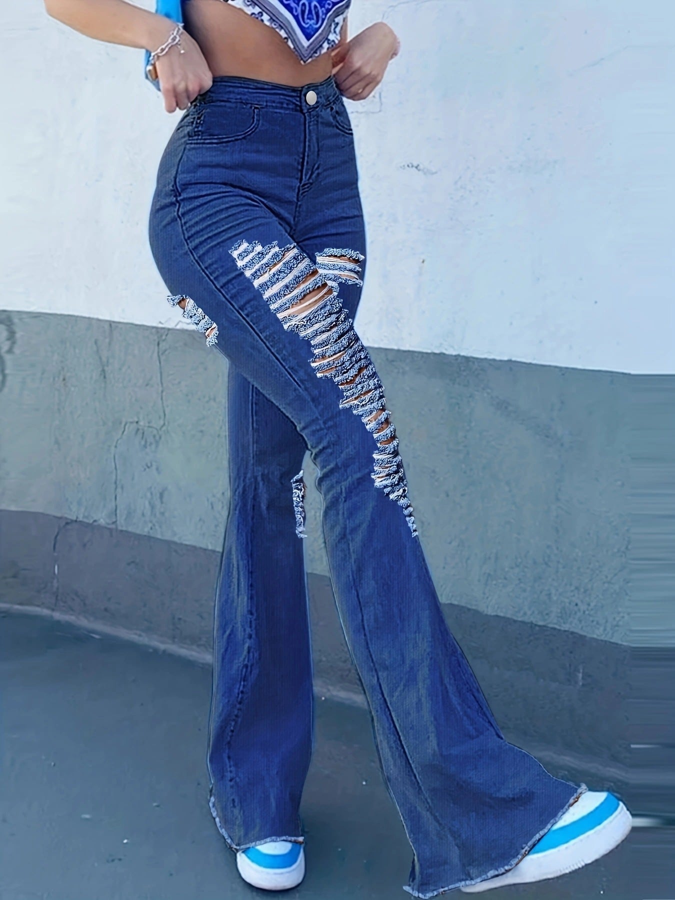 Women Ripped Denim Bell Bottom Pants