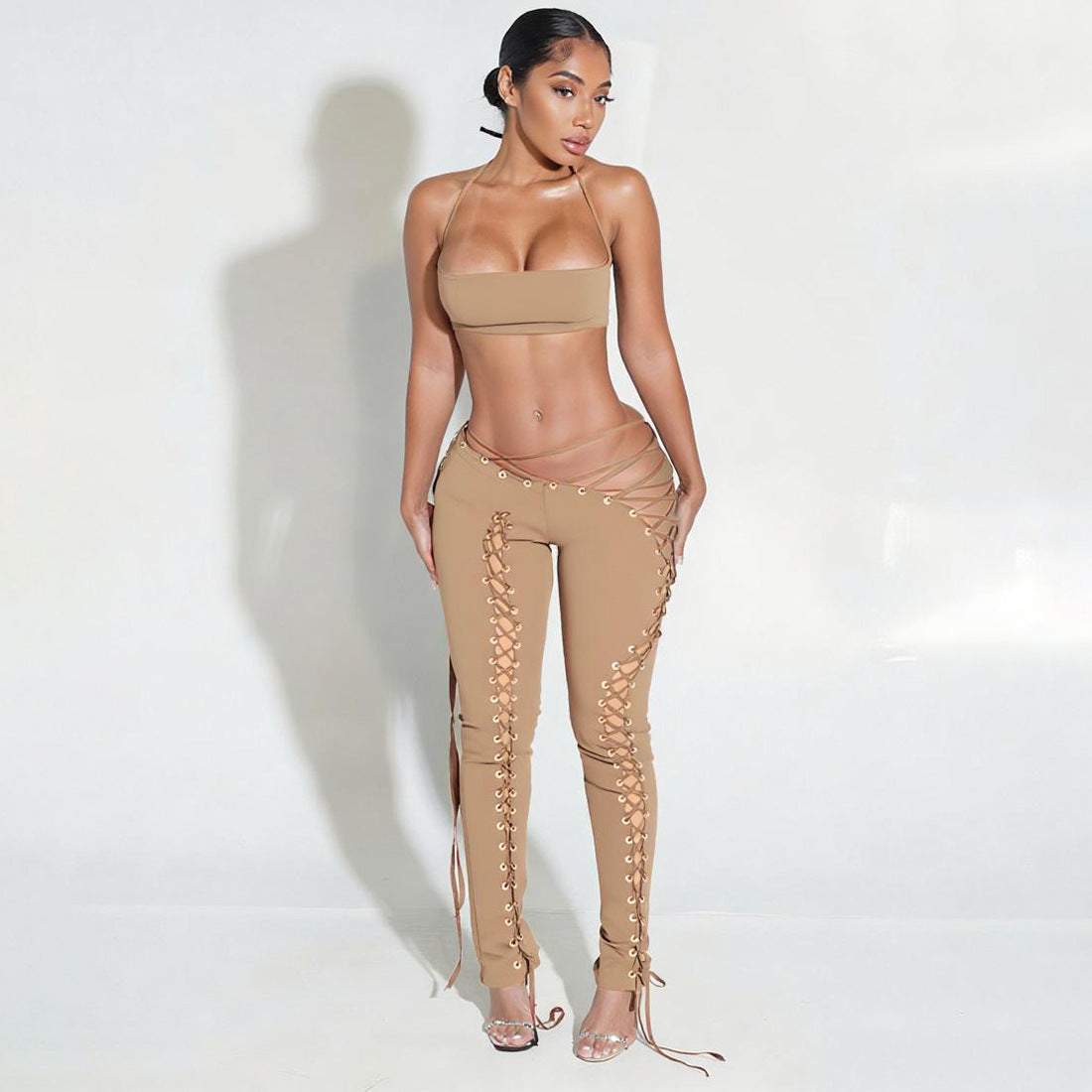 Women Fall Solid Halter Neck Lace-Up Top and Pants Two-piece Set 6