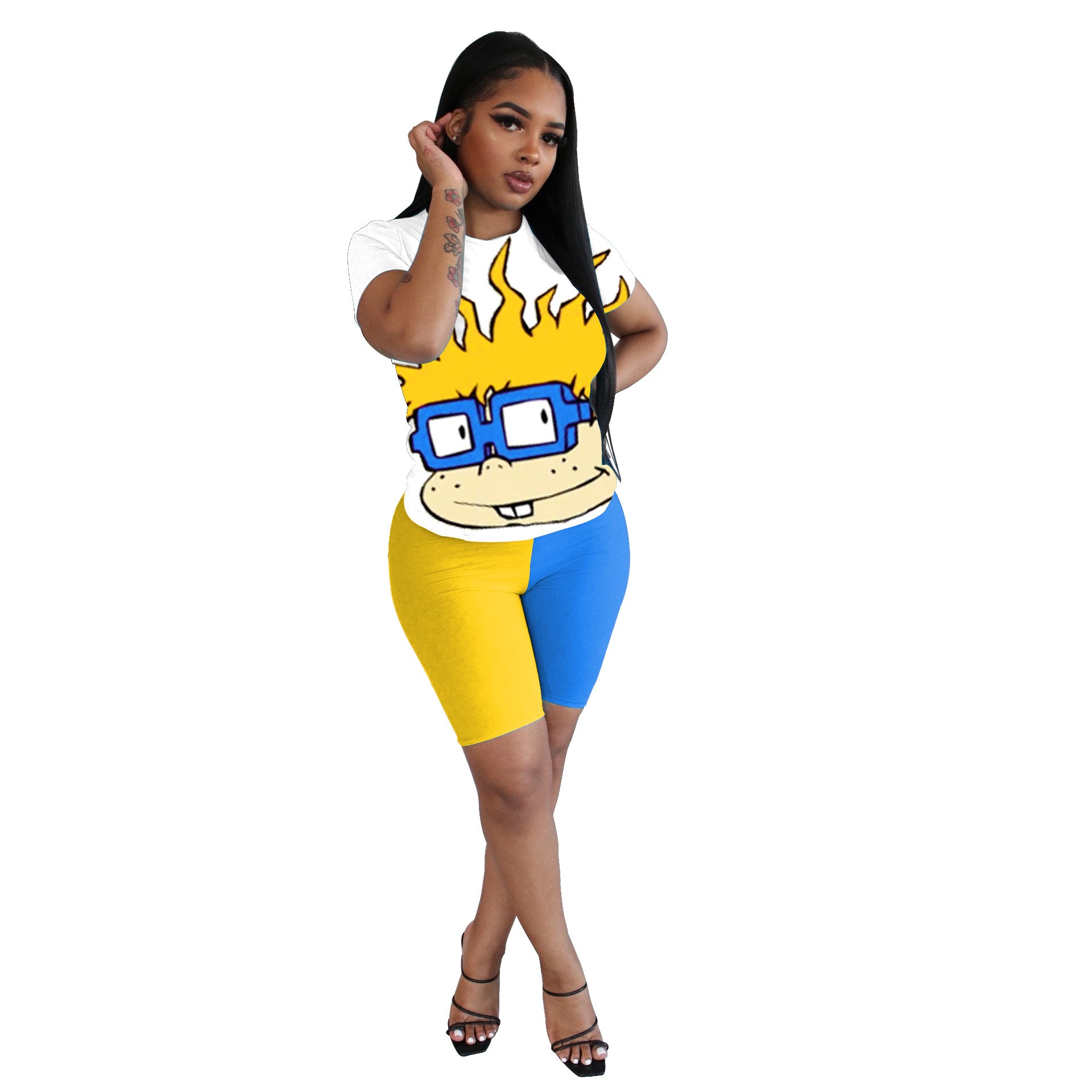 Women's Cartoon Printed Contrast Color Two Piece Fashion T-Shirt Shorts Set 12