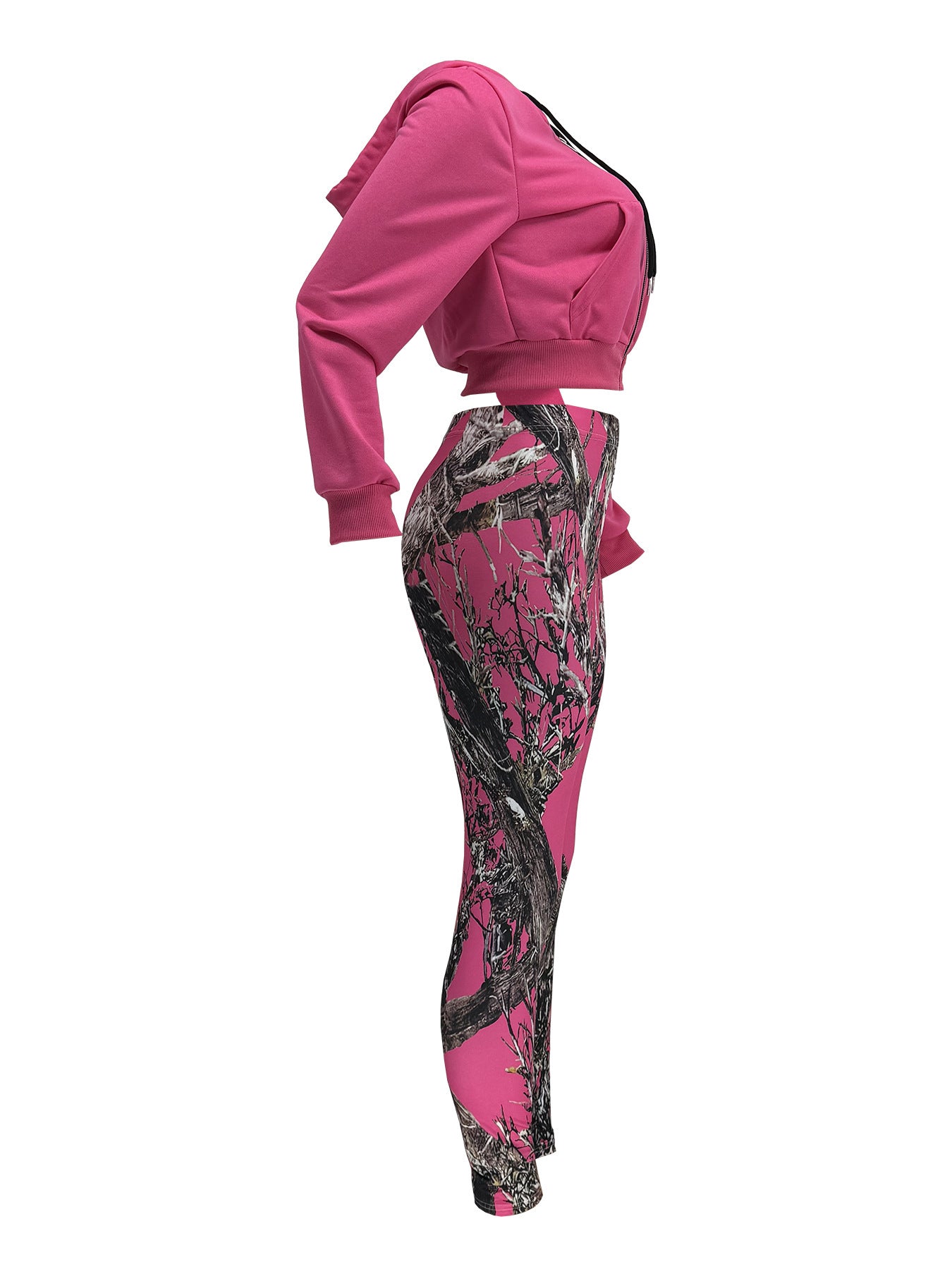 Women Casual Zipper Long Sleeve Top and Print Pants Two-Piece Set 15