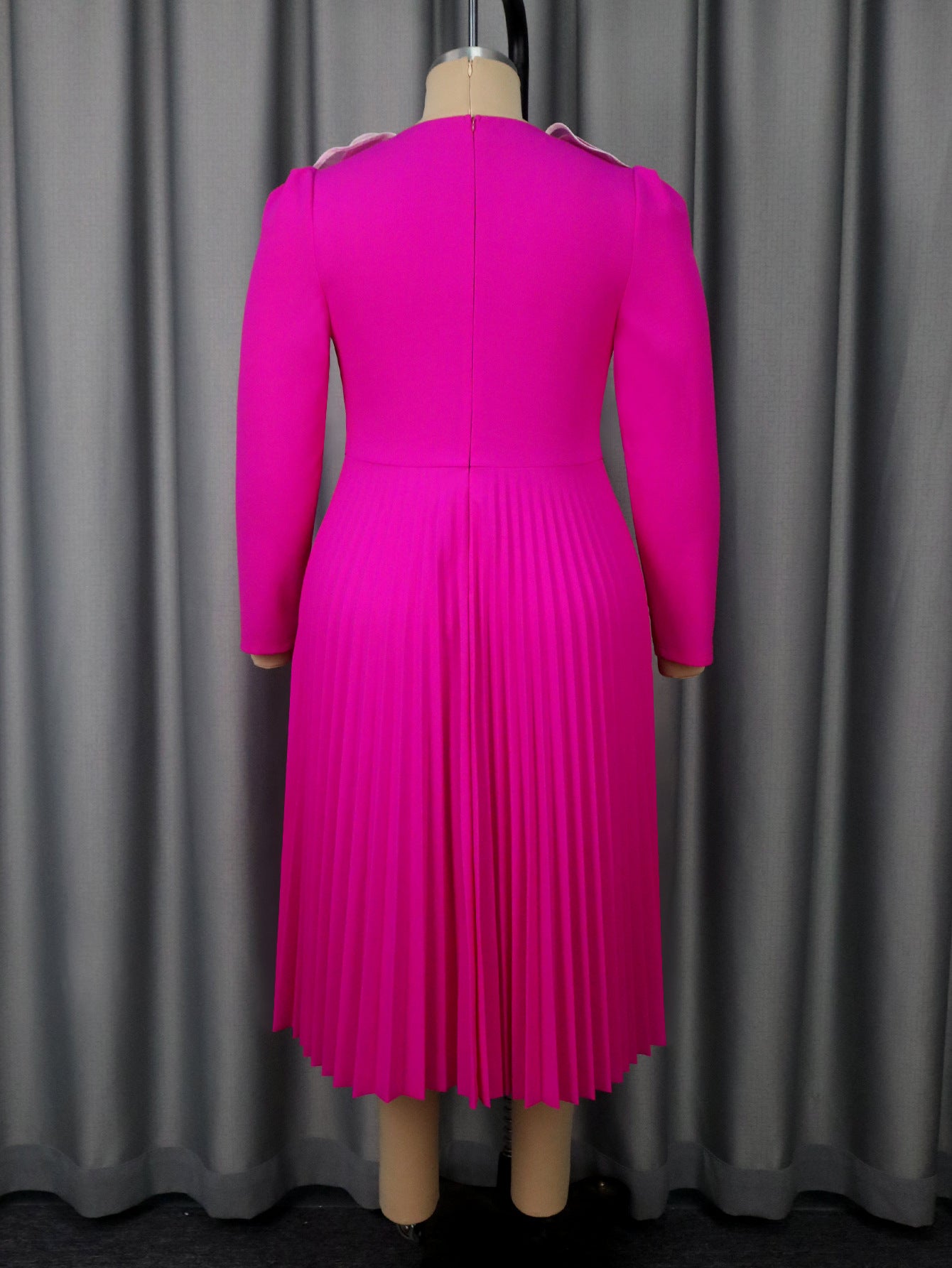 Plus-Size Women Elegant Rose Long-Sleeved Ruffled V-Neck Formal Party Pleated Dress 6