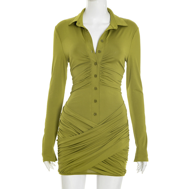 Women's Turn-Down Collar Button Long Sleeve Bodycon Short Dress 5