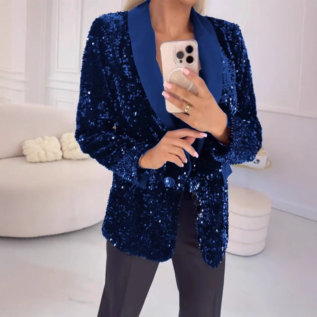Women autumn and winter Casual sequin Turndown Collar Blazer jacket 9