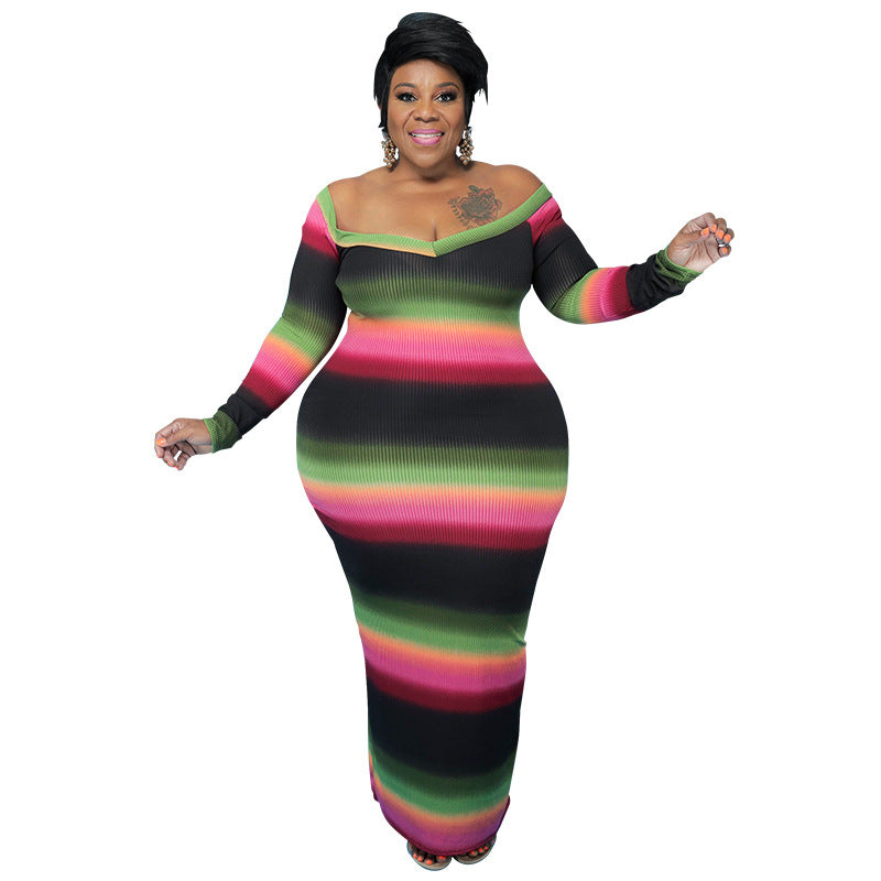 Plus Size Women Summer V-neck Off-shoulder Striped Print Dress 4