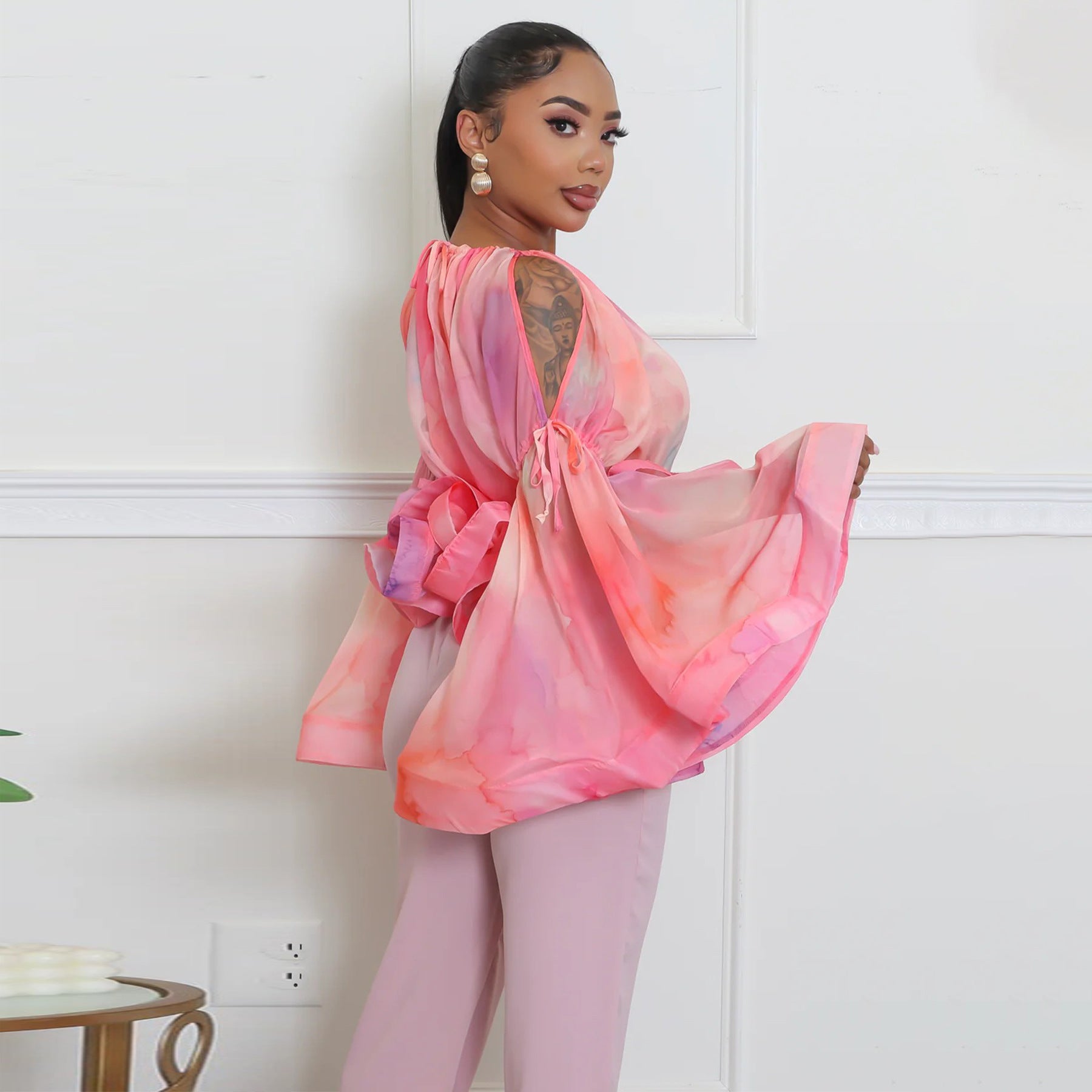 Women Sexy Off-The-Shoulder Mesh Print Bell Bottom Sleeve Top 4