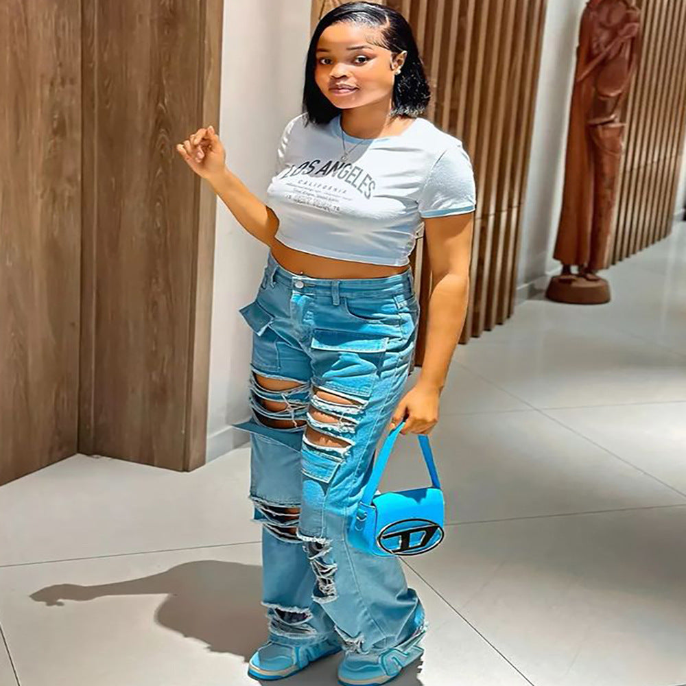 Women Street Style High Waist Ripped Pocket Straight Denim Pants 3