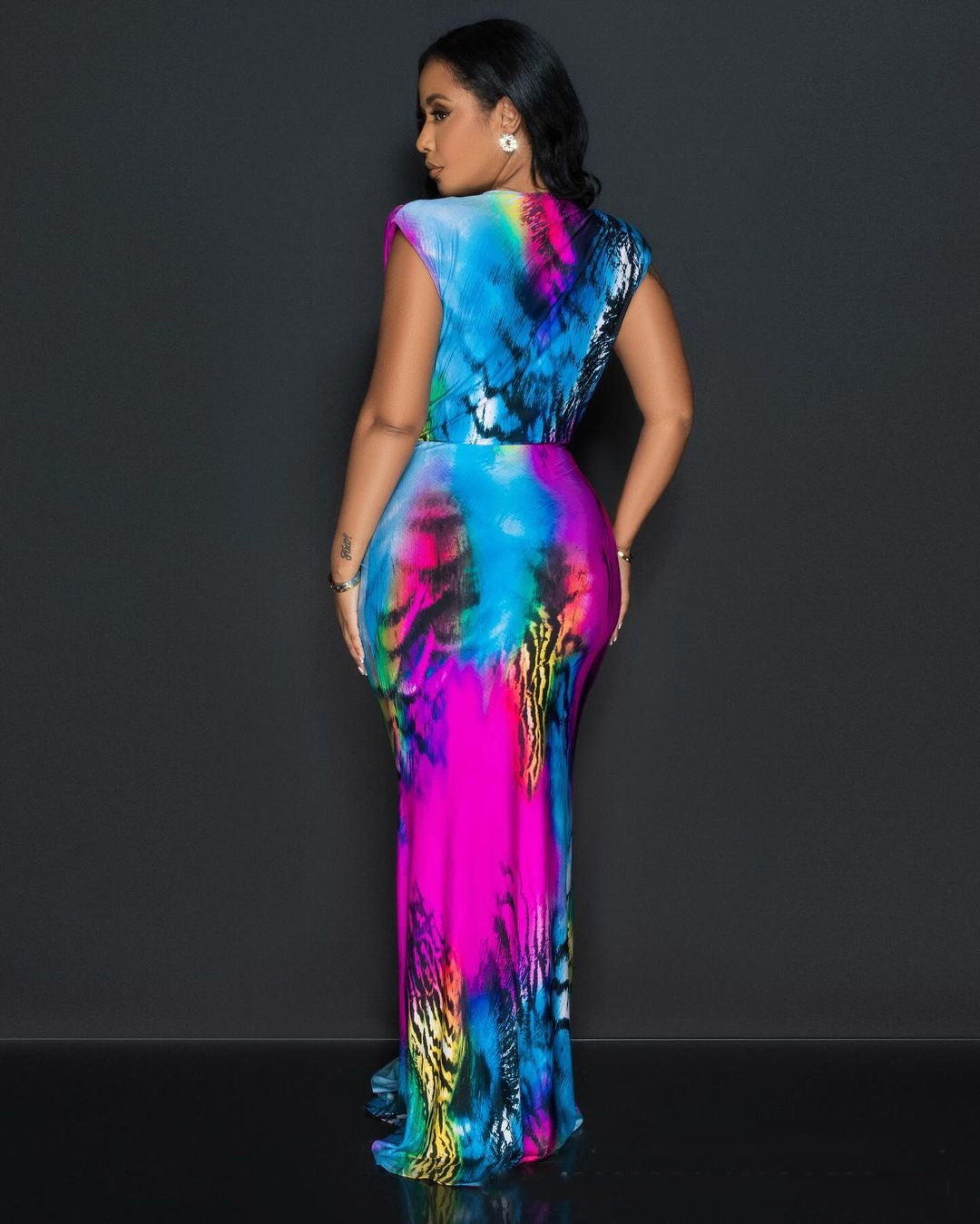 Spring Printed V-Neck Sleeveless Casual Pleated Long Dress 4