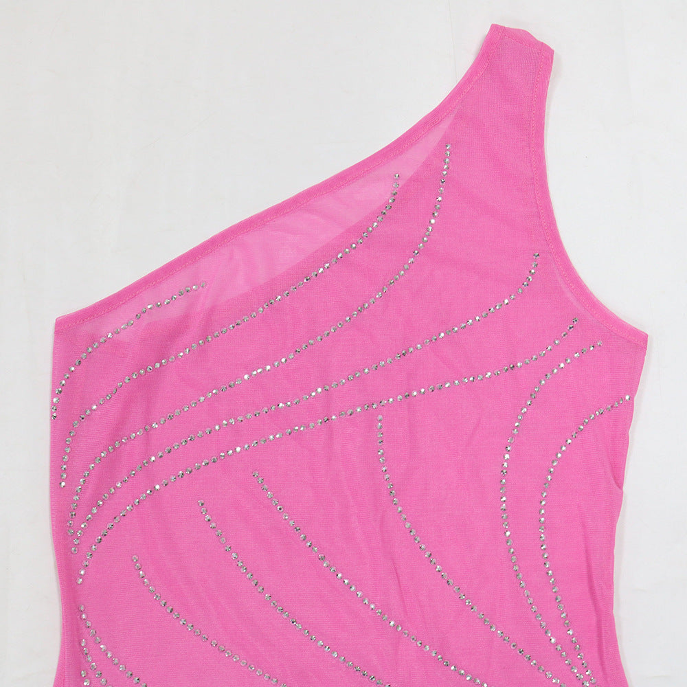 Sexy Solid Color Beaded Slash Shoulder Tassel Irregular Dress For Women 14