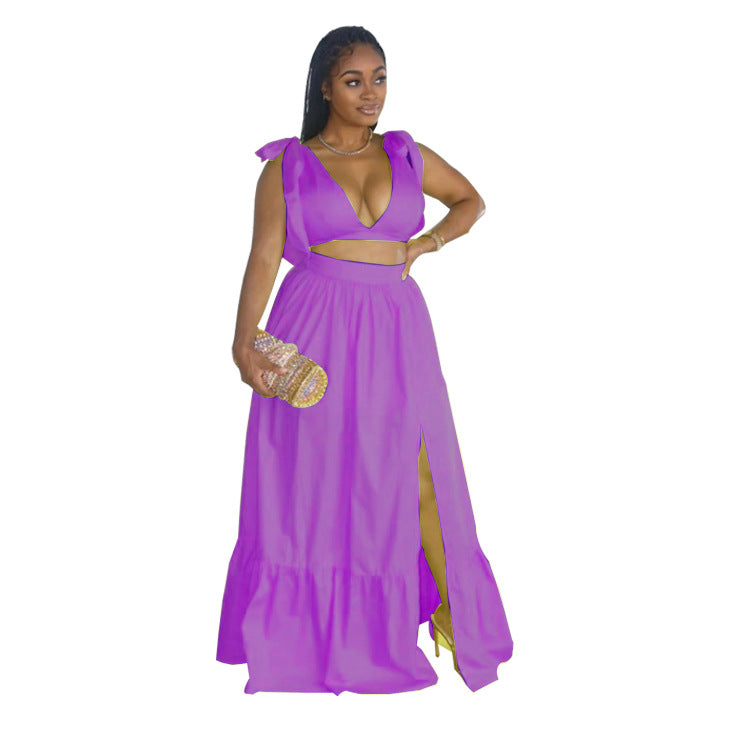 Women's Solid Color V-Neck Lace-Up Tank Top+Slit Long Skirt Two Piece Set 11