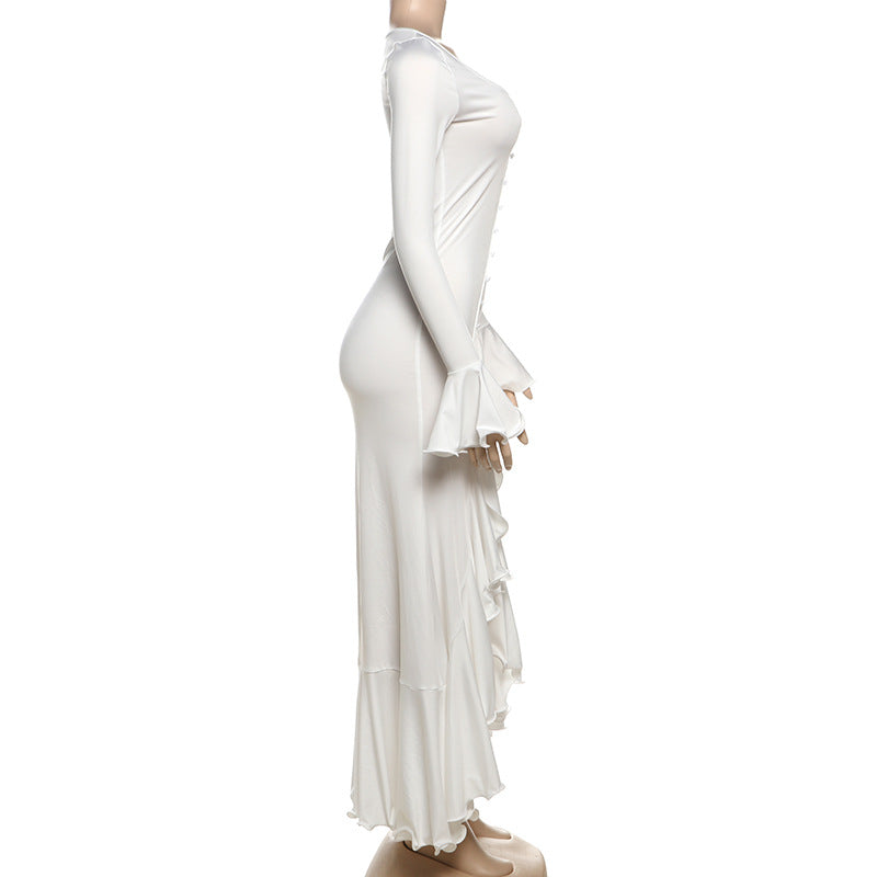 Women Summer Sexy Solid Long Sleeve V-neck Ruffled Slit Dress 8