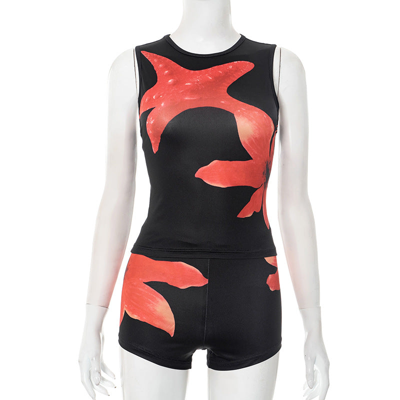 Women's Casual Starfish Print Round Neck Sleeveless Crop Top & Shorts Set 6