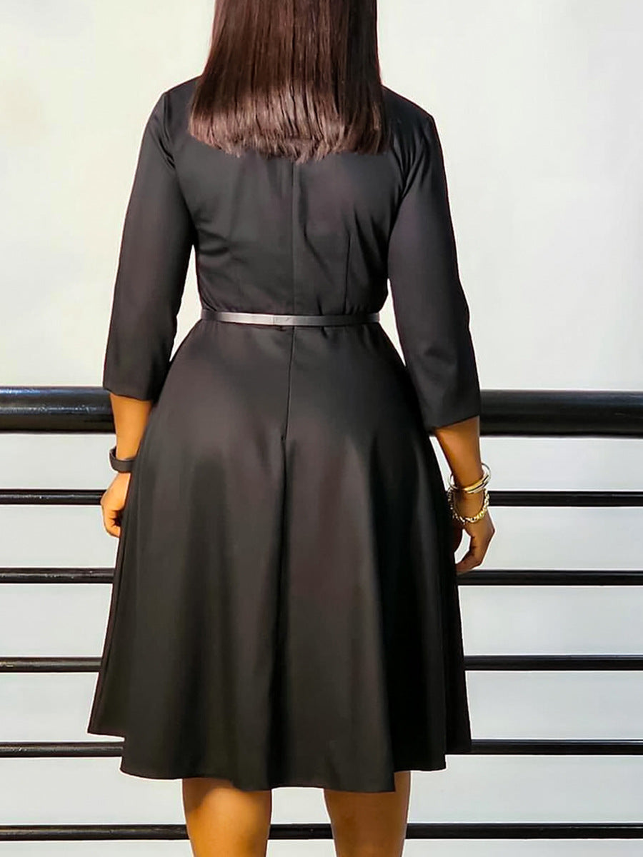 Women's Autumn Winter Fashion V-Neck Solid Color High Waist African Dress 9