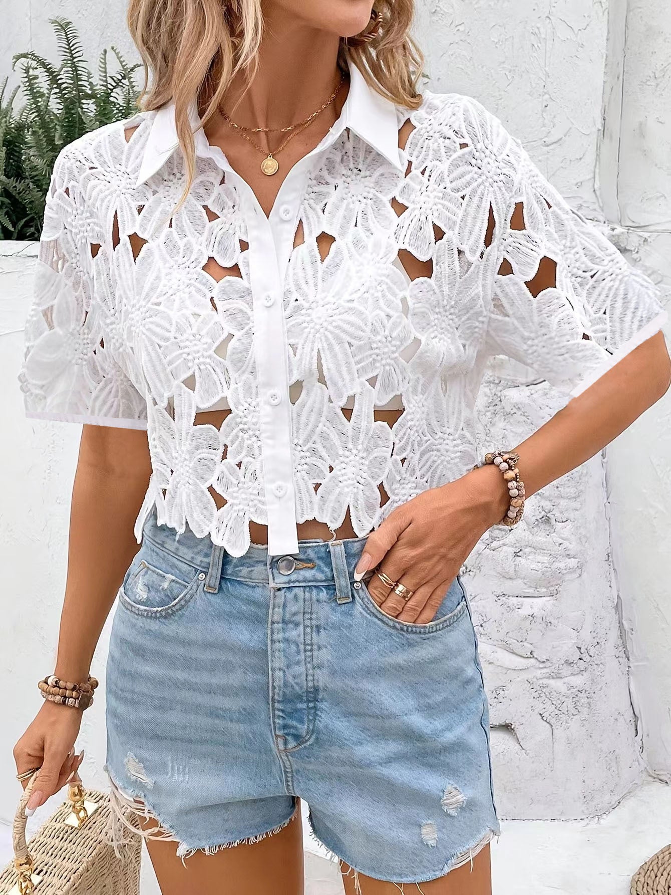 Ladies Lace Fashionable Elegant Top Casual Holidays Party Hollow Shirt 3