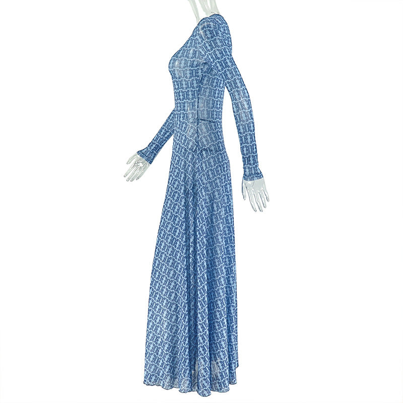 Women's Summer Print Street Round Neck Long Sleeve Slim Waist Sheer A-Line Dress 7