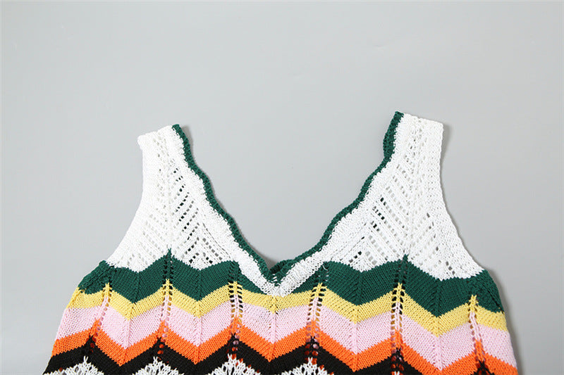 Summer Fashion Contrast Sexy V-Neck Crop Vest High Waist Slim Short Skirt Two Piece Set 10