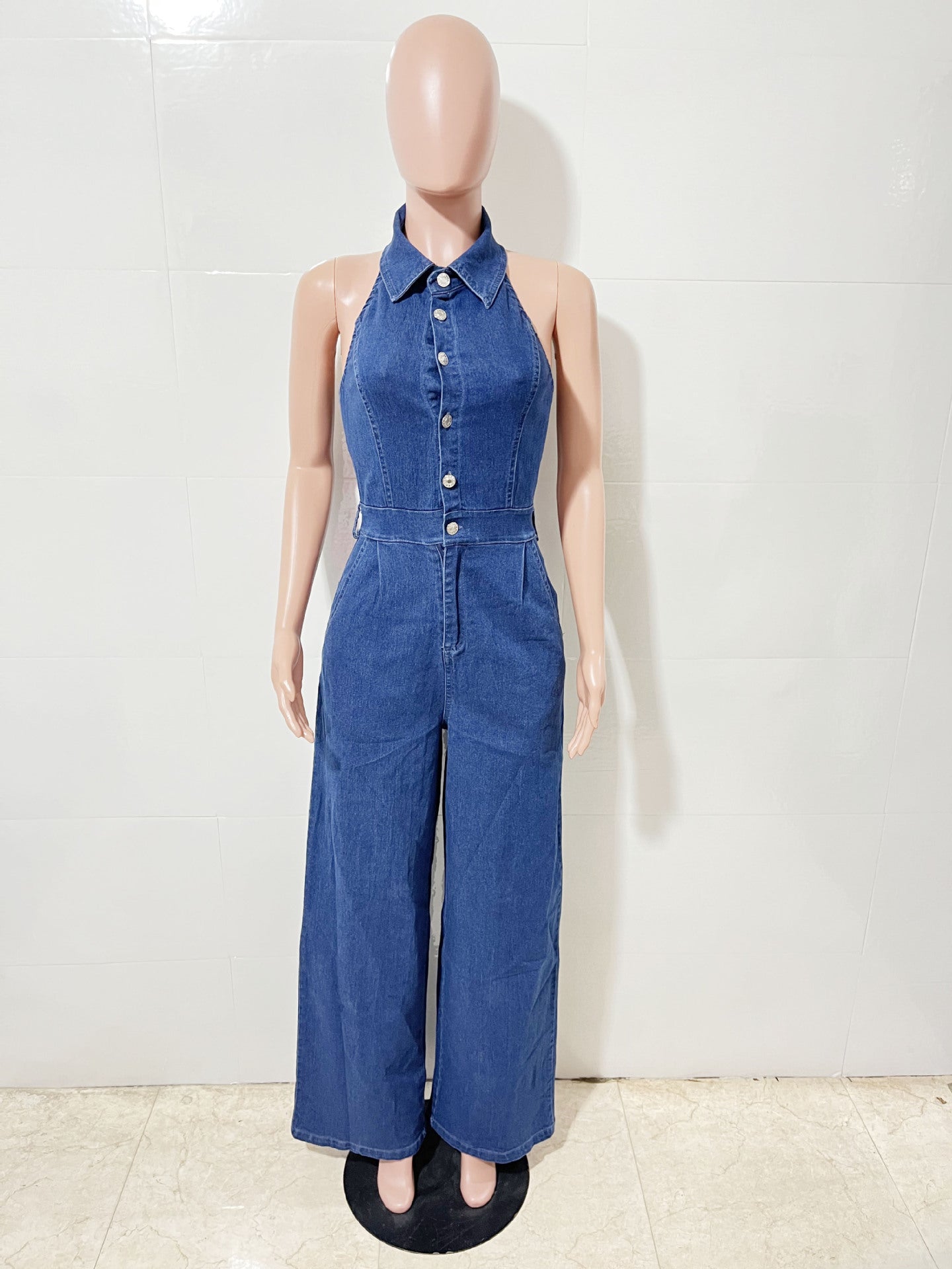 Women's Fashion Sexy Low Back Turndown Collar Halter Sleeveless Wide-Leg Denim Jumpsuit 5