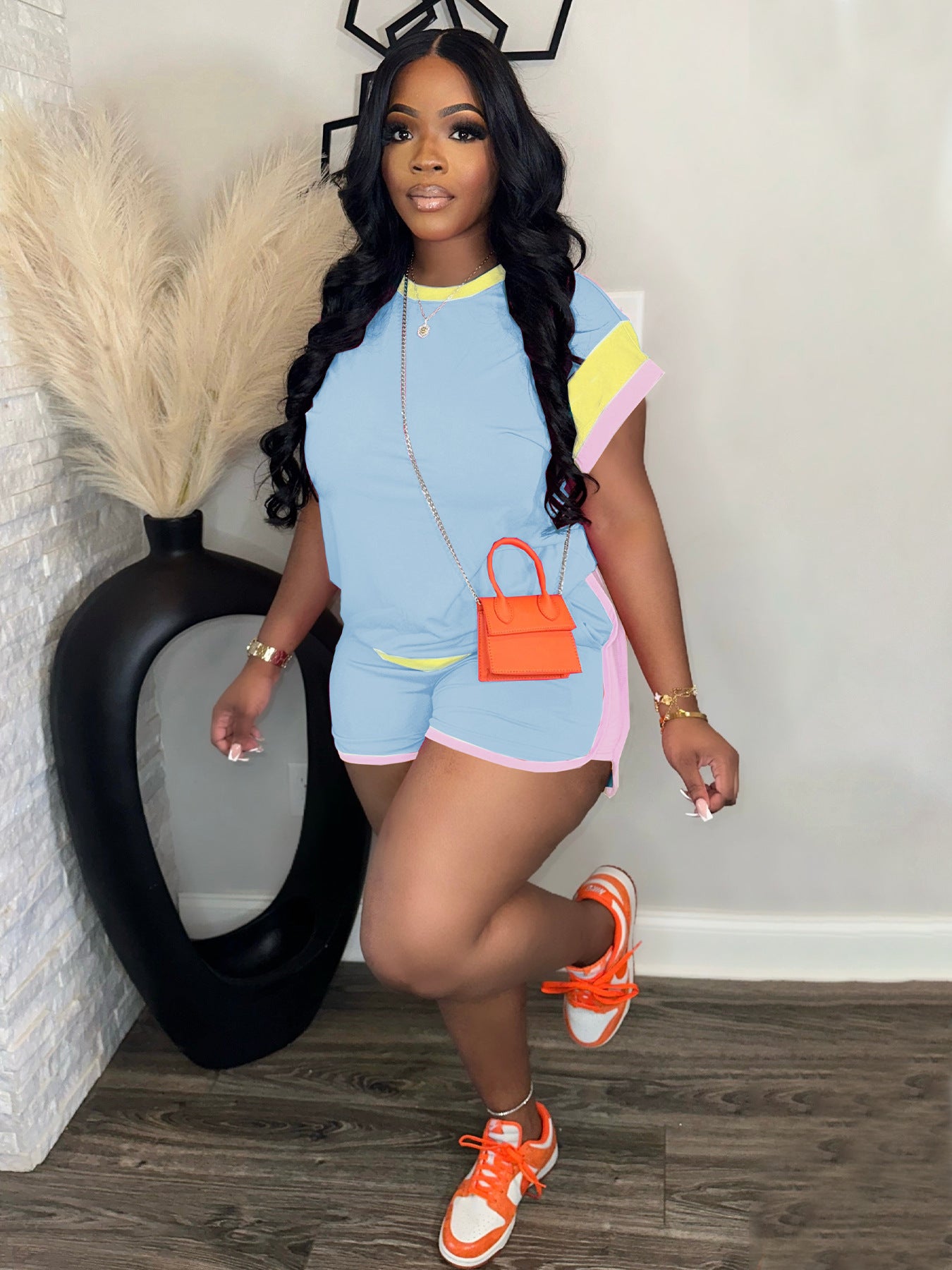 Women Summer Loose Color Block Round Neck Top and Shorts Casual Two-piece Set 6