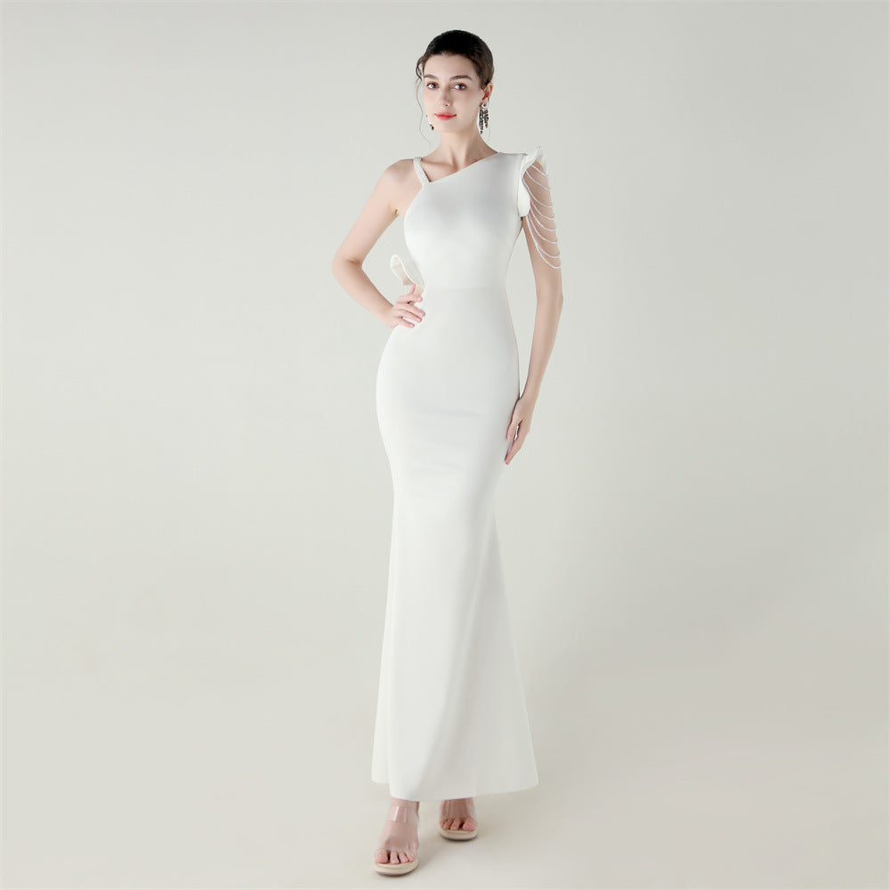 Women satin one-shoulder beaded Formal Party hollow ruffle fishtail evening dress 8