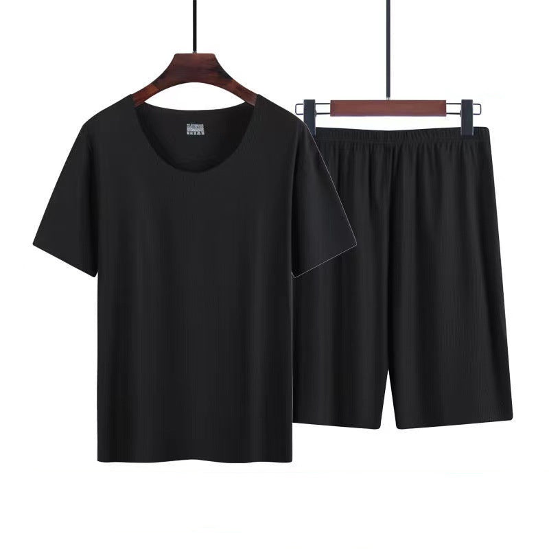 Ice Silk Pajamas Men's Summer Home Clothes Seamless Round Neck Short-Sleeved Men's T-Shirt Shorts Set