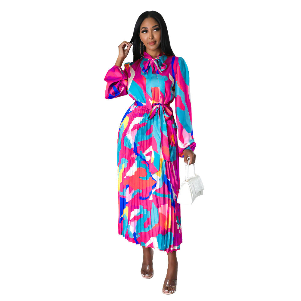 Women's Tie Long Sleeve Printed Pleated Dress 22