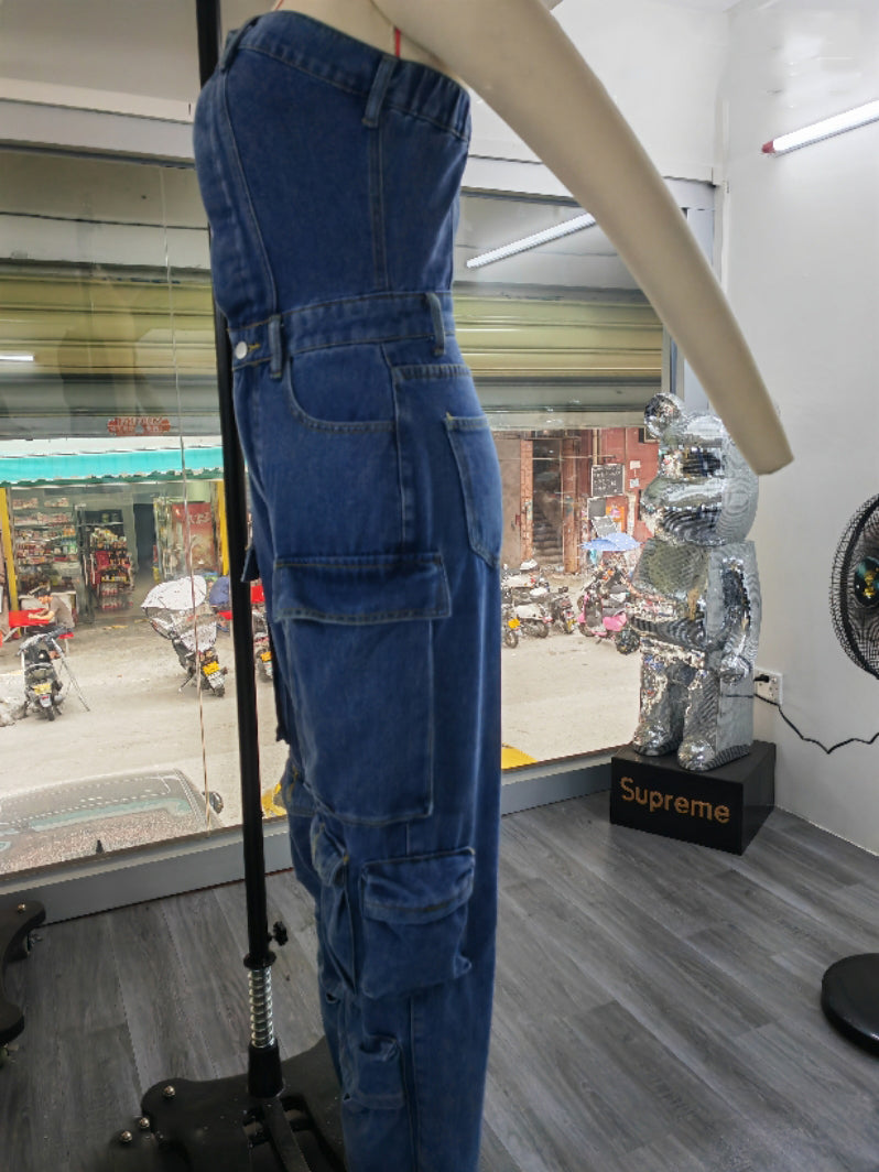 High street strapless pocket Cargo denim overalls jumpsuit 6