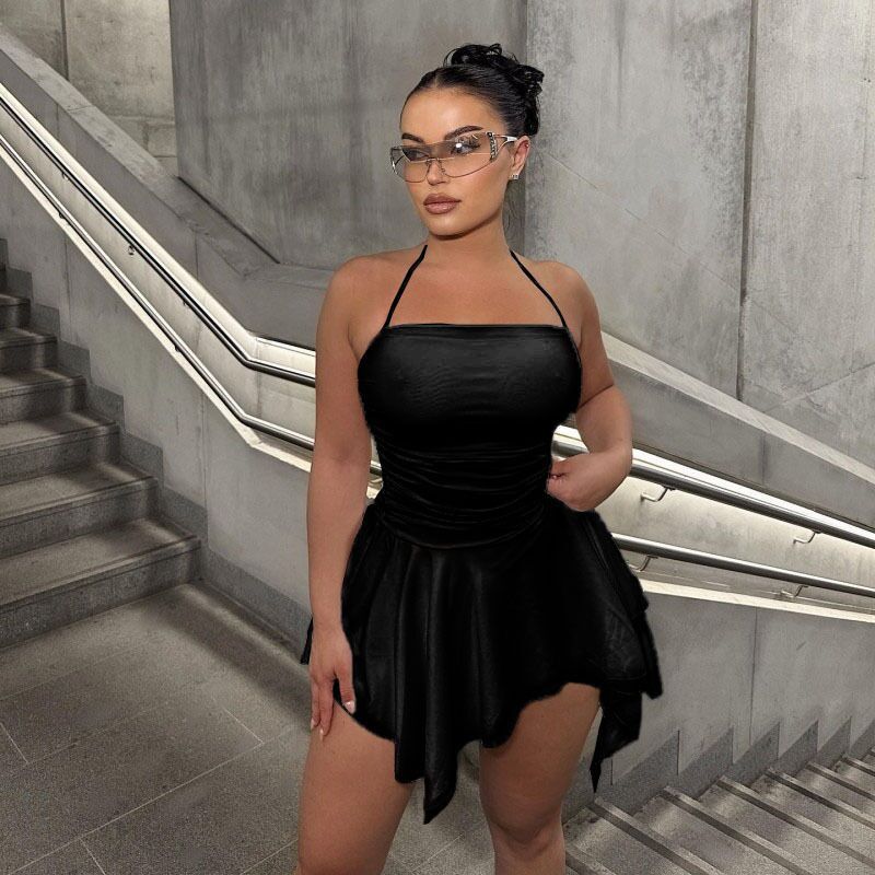 Women Solid Halter Neck Pleated Irregular Mini Dress 4