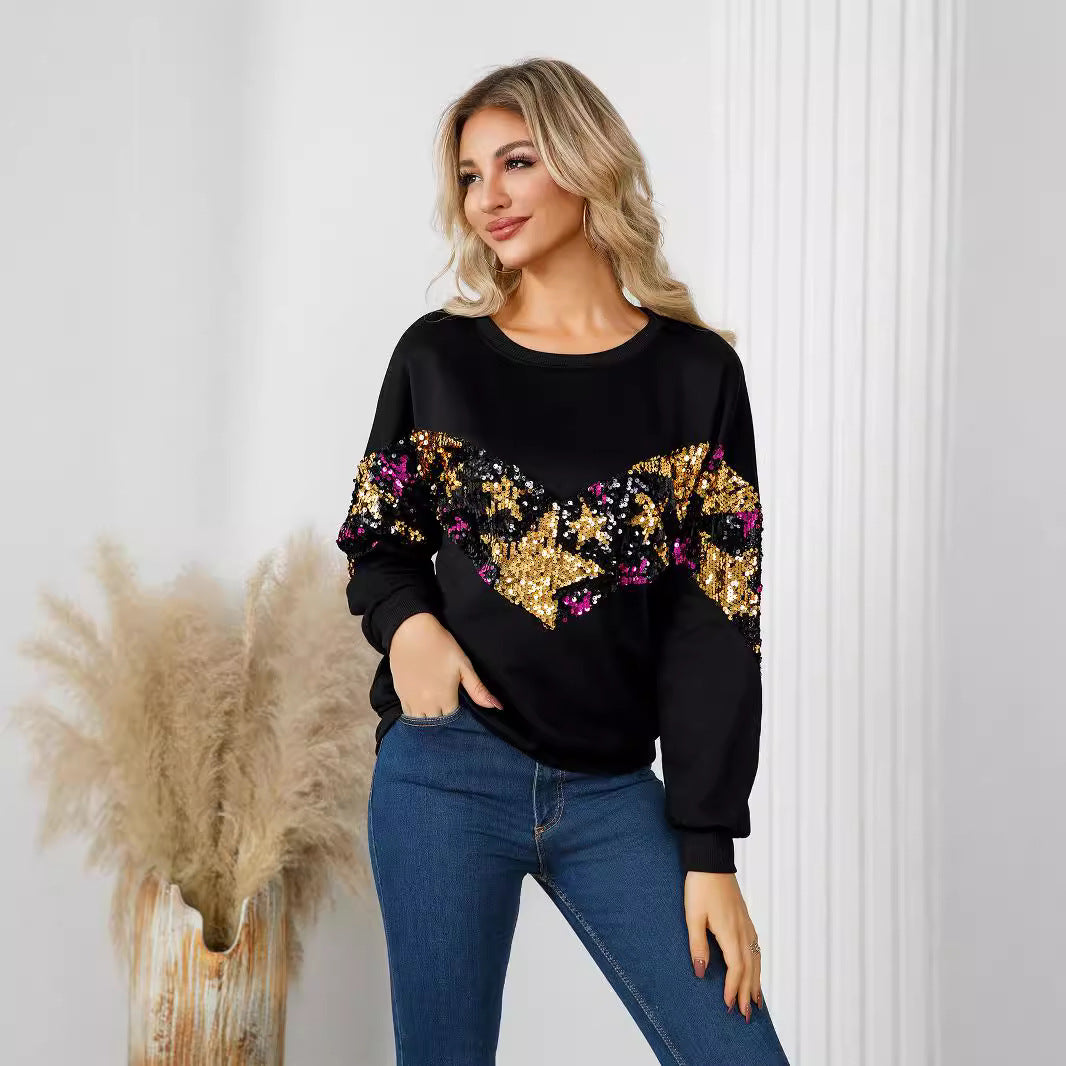 Women Casual Star Sequins Decorated Round Neck long sleeve top 4