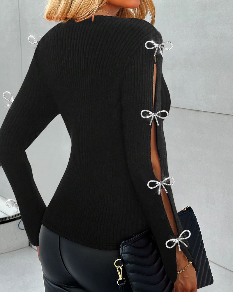 Women Hollow Bowknot Diamond Button Top