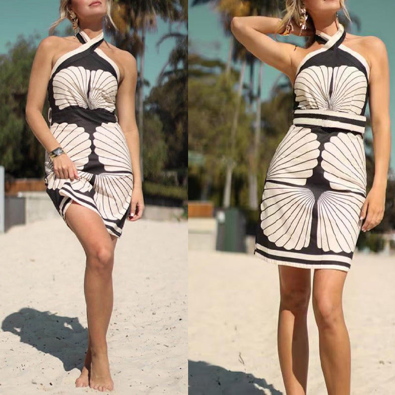 Women Summer Sexy Shell Print Halter Neck Lace-Up Dress 3