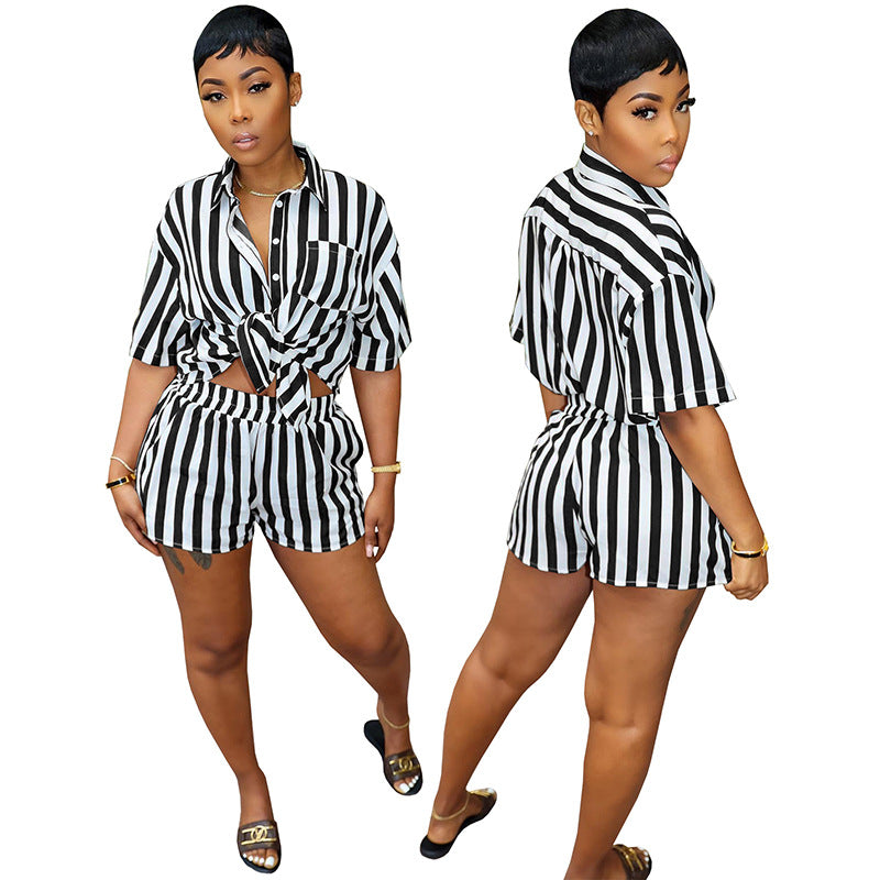 Women's Summer Fashion Stripe Print Set Loose Blouse Two Piece Set 7