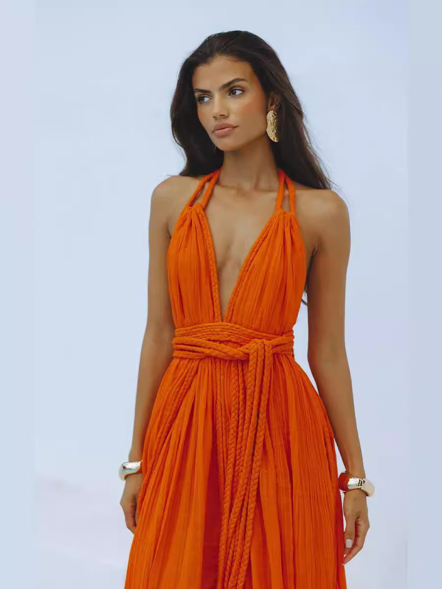 Women Holidays Sexy Backless Lace-Up Solid Belt Dress 5