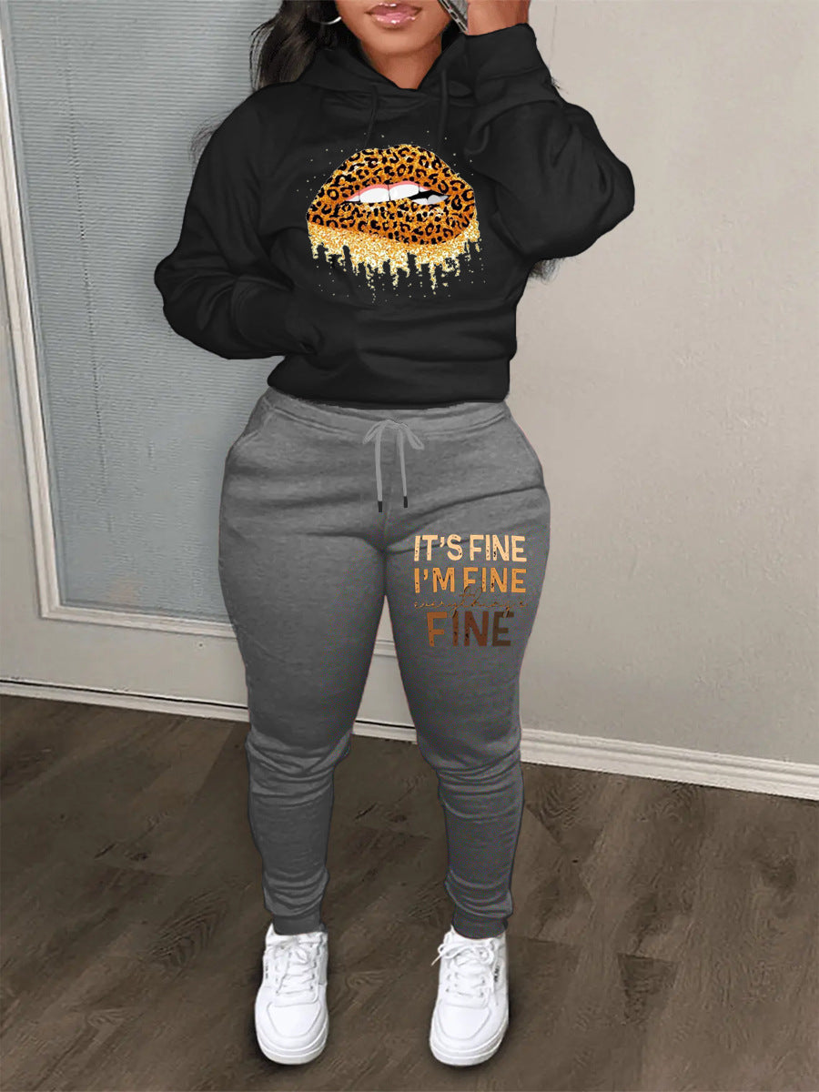 Casual Color Block Tracksuit Letter Printed Hoodies Sweatpants Two Piece Set 4