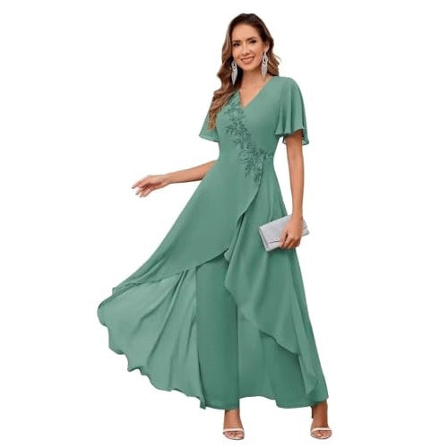 V-Neck Mother's Dress Solid Color Pants Two-Piece Set 15