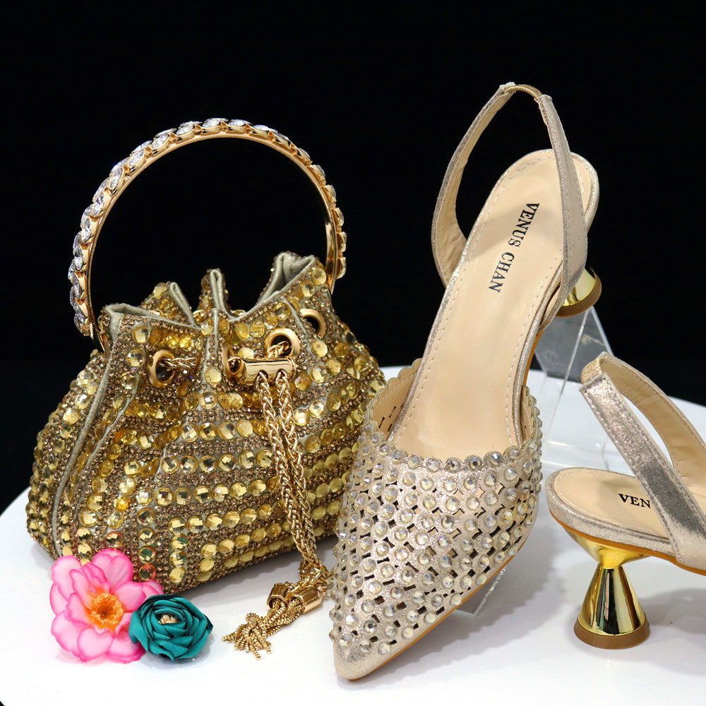 Colorful Rhinestone Bucket Handbag Paired With Pointed Toe Women's Medium Heel Shoes 5