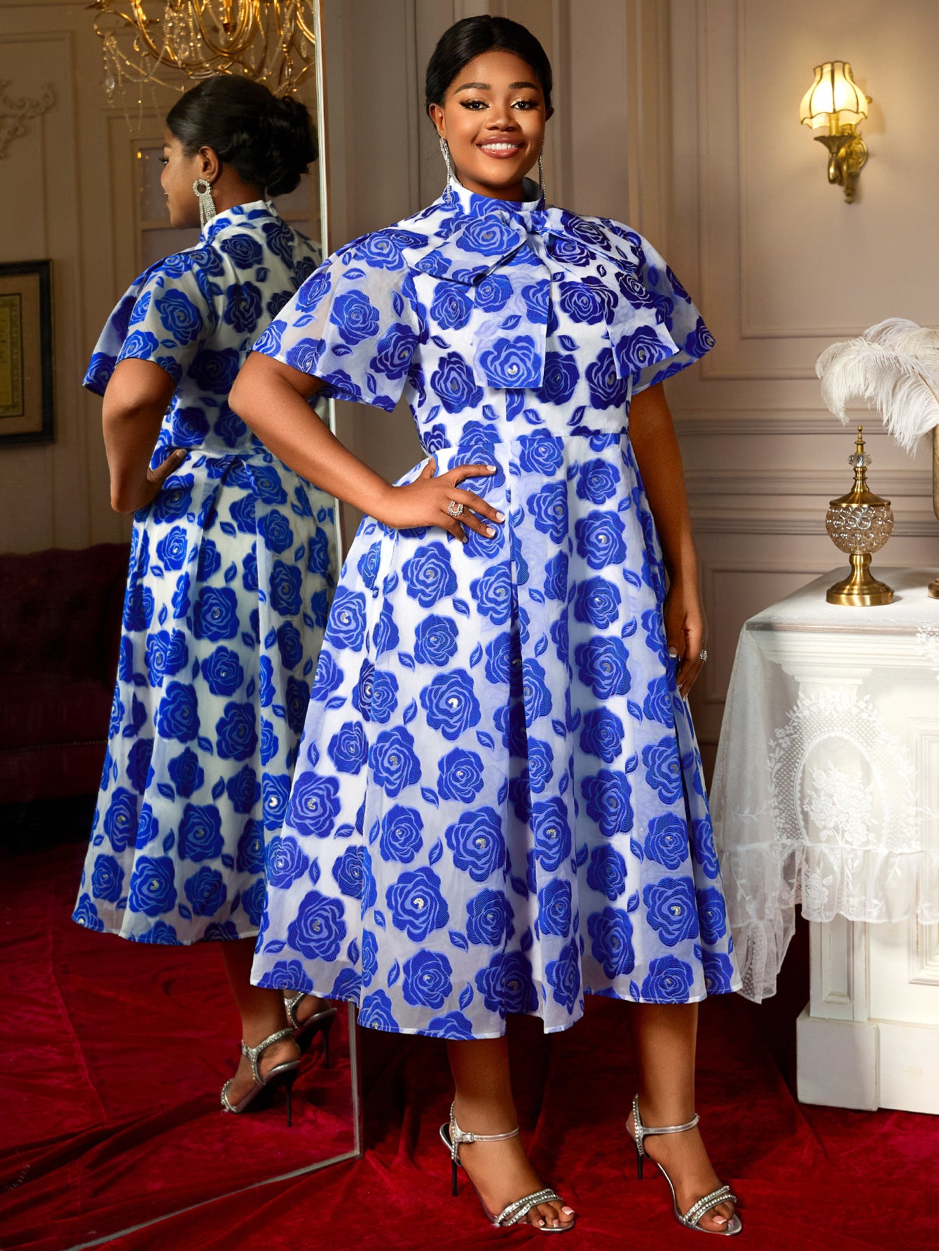 Semi-High Neck Lace-Up Bow Tie Collar A-Line Elegant Short Sleeve Party Dress 6