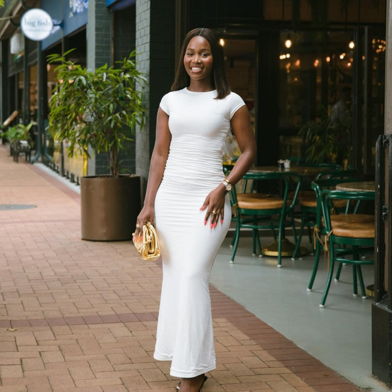 Women Solid Round Neck Short Sleeve Bodycon Dress 10