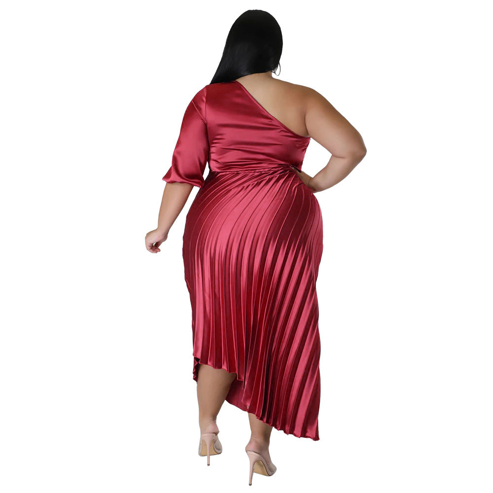 Women Sexy Slash Shoulder Drawstring Pleated Dress 9