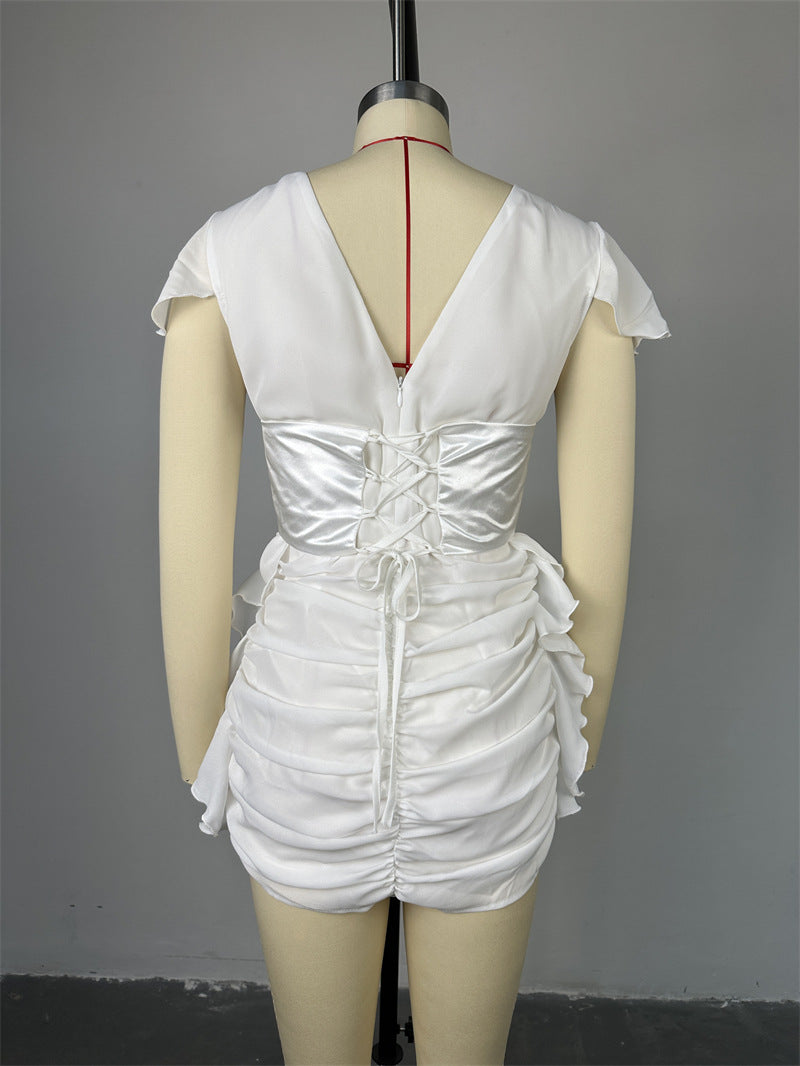 Women Summer V-Neck Short Sleeve Patchwork Pleated Mini Dress 8