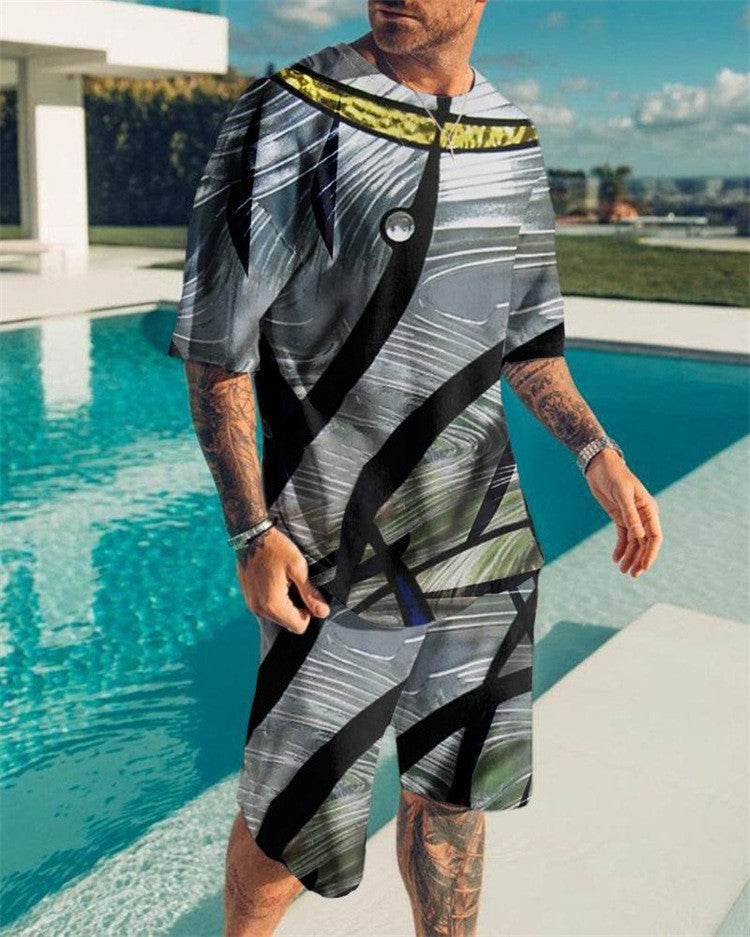 Men's Casual Colorblock Print Short Sleeve T-Shirt and Shorts Two-Piece Set 17