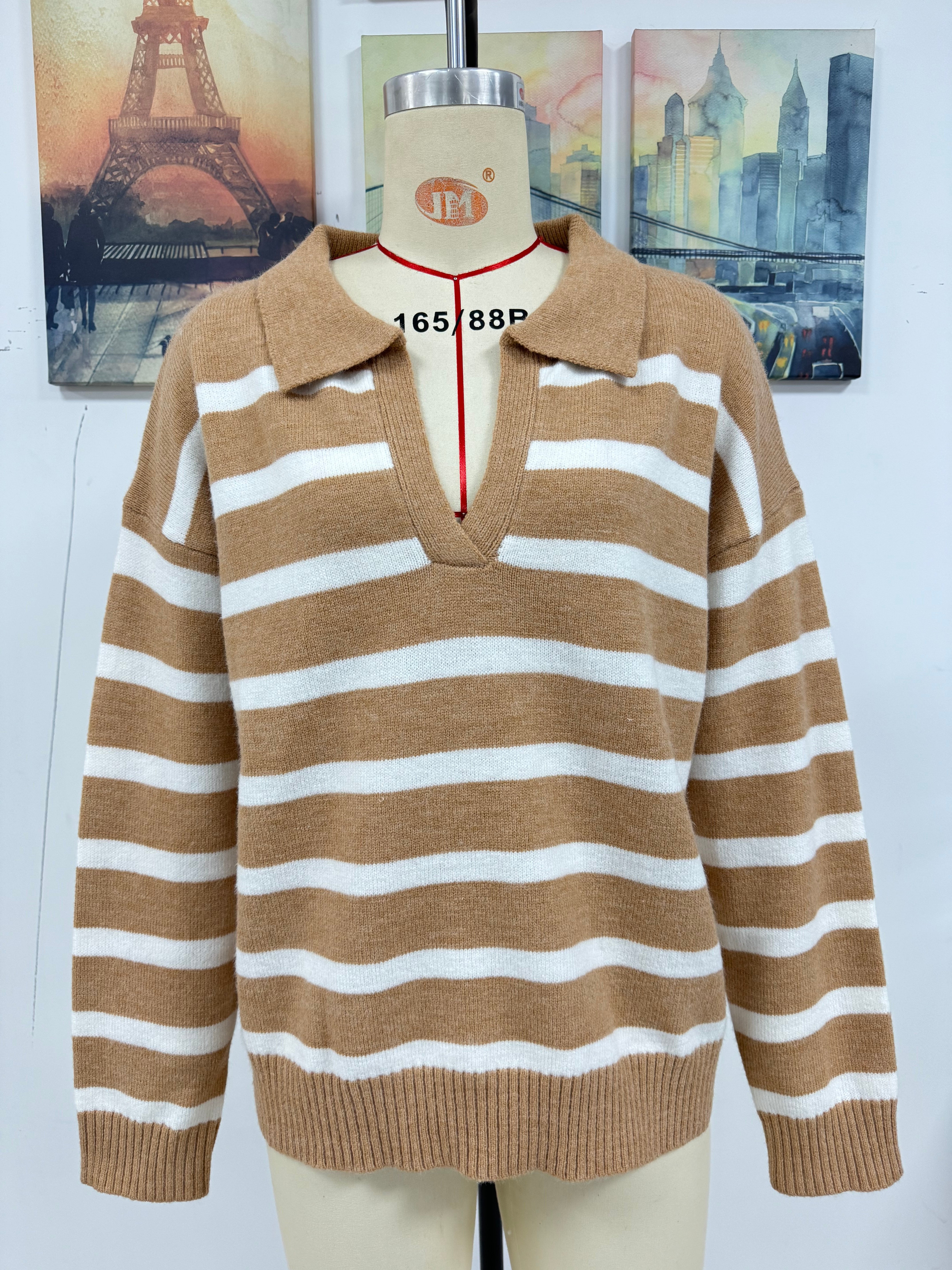 Autumn And Winter Women's Fashion Stripe Turndown Collar Loose Knitting Sweater 17