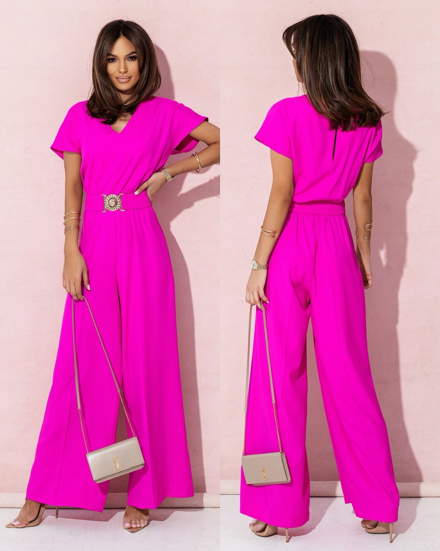 Fashionable Short-Sleeved V-Neck Solid Color Slim-Fit Jumpsuit 5