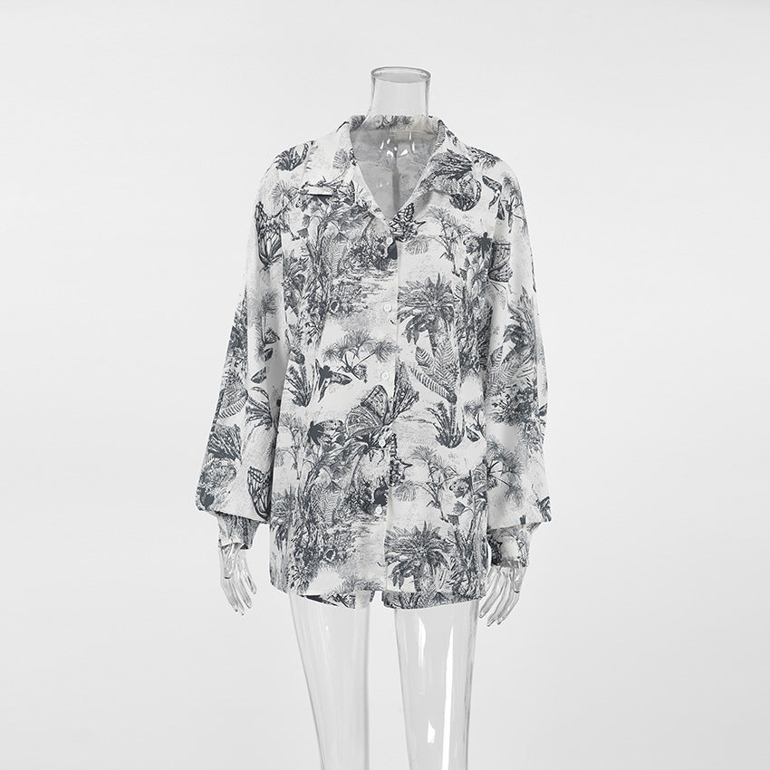 Women Spring Printed Top and Shorts Two-piece Set 8