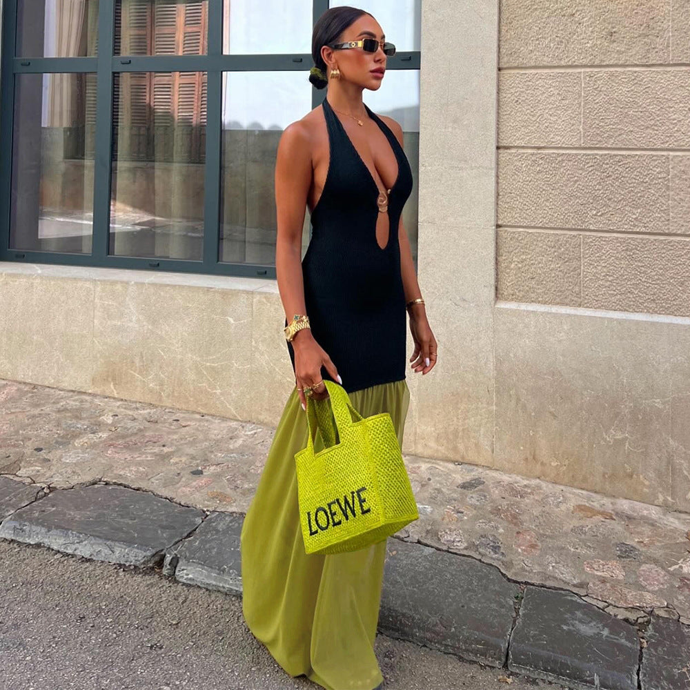 Women's Halter Lace-Up Hollow-Out Color-Block Slit Sexy Dress 5